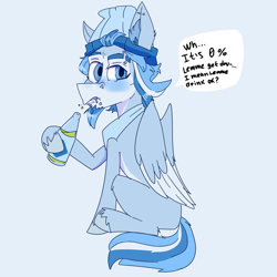 Size: 5000x5000 | Tagged: safe, artist:xasslash, oc, oc only, oc:flynn the icecold, pegasus, pony, bandana, beanie, blue background, blushing, bottle, drink, facial hair, goatee, hat, male, piercing, simple background, solo, speech bubble