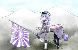Size: 3162x2048 | Tagged: safe, princess flurry heart, alicorn, crystal pony, pony, equestria at war mod, g4, clothes, crystal empire, flag, high res, imperial japan, japanese, military, mountain, older, older flurry heart, snow, sword, uniform, warrior flurry heart, weapon, world war ii