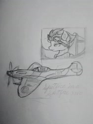 Size: 2755x3673 | Tagged: safe, artist:sodapop sprays, spitfire, pegasus, pony, aviator goggles, bomber jacket, clothes, eyebrows, female, goggles, high res, jacket, mare, plane, propeller, sodapop sprays, solo, supermarine spitfire, traditional art, wings, world war ii