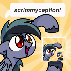 Size: 800x800 | Tagged: safe, artist:sugar morning, oc, oc only, oc:scrimmy, bat pony, pony, animated, bat pony oc, bat wings, commission, dialogue, droste effect, gif, heterochromia, inception, male, pointing, recursion, solo, stallion, wings, ych result