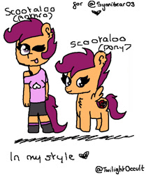 Size: 596x712 | Tagged: safe, artist:twilightoccult, scootaloo, oc, oc:ponytale scootaloo, pegasus, pony, anthro, g4, ;p, clothes, female, filly, foal, heart, one eye closed, pants, shoes, simple background, smiling, spread wings, text, the cmc's cutie marks, tongue out, white background, wings, wink