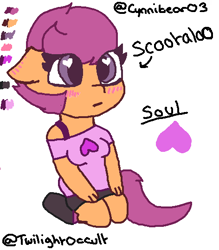 Size: 472x540 | Tagged: safe, artist:twilightoccult, scootaloo, oc, oc:ponytale scootaloo, anthro, g4, blushing, clothes, female, floppy ears, heart, pants, reference sheet, shoes, simple background, text, white background