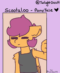 Size: 502x604 | Tagged: safe, artist:twilightoccult, scootaloo, oc, oc:ponytale scootaloo, anthro, g4, clothes, eyes closed, female, heart, pants, tank top, text, wings