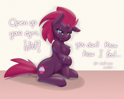 Size: 1000x798 | Tagged: safe, artist:inkypuso, fizzlepop berrytwist, tempest shadow, pony, unicorn, g4, broken horn, crying, eye scar, female, horn, mare, sad, scar, sitting, solo