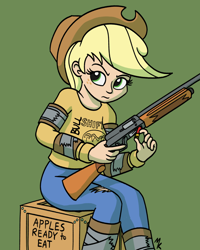 Size: 1000x1250 | Tagged: safe, artist:mkogwheel, applejack, human, g4, crate, female, green background, gun, humanized, left 4 dead 2, looking at something, shotgun, simple background, sitting, solo, trigger discipline, weapon