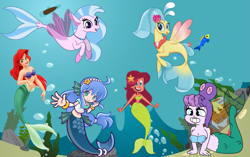 Size: 1145x720 | Tagged: safe, artist:pagiepoppie12345, princess skystar, silverstream, hippogriff, mermaid, octopus, pony, seapony (g4), starfish, g4, my little pony: the movie, ariel, boat, bra, bubble, cala maria, clothes, crossover, cuphead, fish tail, flower, jewelry, marina (zig & sharko), mermaid tail, necklace, ocean, pearl, puyo puyo, serilly, smiling, tail, the little mermaid, underwater, water, x eyes, zig & sharko