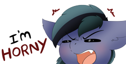 Size: 2875x1470 | Tagged: safe, artist:pegamutt, oc, oc only, oc:scrimmy, bat pony, pony, angry, bat pony oc, commission, dialogue, eyes closed, fangs, horny, male, simple background, solo, stallion, transparent background, ych result, yelling