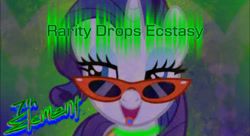 Size: 1210x660 | Tagged: safe, artist:seventh element, rarity, pony, unicorn, g4, cover art, drug use, drugs, ecstasy, eyeshadow, female, glasses, makeup, mare, rarity's glasses, smiling, text, youtube link