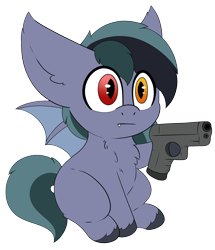 Size: 2292x2666 | Tagged: safe, artist:pegamutt, oc, oc only, oc:scrimmy, bat pony, pony, :|, bat pony oc, bat wings, commission, fangs, gun, heterochromia, high res, male, simple background, sitting, solo, stallion, transparent background, weapon, wings, ych result