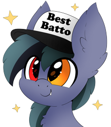 Size: 2352x2715 | Tagged: safe, artist:pegamutt, oc, oc only, oc:scrimmy, bat pony, pony, bat pony oc, commission, cute, fangs, hat, heterochromia, high res, male, ocbetes, simple background, smiling, solo, stallion, transparent background, ych result