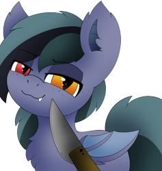 Size: 2842x3000 | Tagged: safe, artist:pegamutt, oc, oc only, oc:scrimmy, bat pony, pony, :3, bat pony oc, bat wings, commission, fangs, grin, heterochromia, high res, knife, knife cat, looking at you, male, simple background, smiling, solo, stallion, transparent background, wings, ych result
