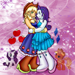 Size: 2000x2000 | Tagged: safe, artist:xxitachiuchihaloverxx, applejack, rarity, human, equestria girls, g4, bare shoulders, clothes, cute, dress, duo, duo female, fall formal outfits, female, high res, holding each other, lesbian, looking at each other, ship:rarijack, shipping, skirt, sleeveless, smiling, smiling at each other, strapless