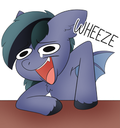 Size: 2785x2974 | Tagged: safe, artist:pegamutt, oc, oc only, oc:scrimmy, bat pony, pony, armpits, bat pony oc, bat wings, bust, commission, eyebrows, eyebrows visible through hair, fangs, heterochromia, high res, laughing, male, meme, onomatopoeia, open mouth, ponified meme, simple background, solo, stallion, table, text, transparent background, wheeze, wings, ych result