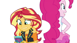 Size: 1920x1080 | Tagged: safe, artist:rarityvrymercollectiveoriginals, edit, edited screencap, screencap, pinkie pie, sunset shimmer, human, dashing through the mall, equestria girls, equestria girls specials, g4, my little pony equestria girls: better together, my little pony equestria girls: holidays unwrapped, background removed, book, geode of empathy, geode of sugar bombs, magical geodes, not a vector, simple background, transparent background
