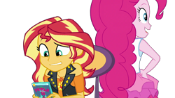 Size: 1920x1080 | Tagged: safe, artist:rarityvrymercollectiveoriginals, edit, edited screencap, screencap, pinkie pie, sunset shimmer, human, dashing through the mall, equestria girls, equestria girls specials, g4, my little pony equestria girls: better together, my little pony equestria girls: holidays unwrapped, background removed, book, chair, geode of empathy, geode of sugar bombs, magical geodes, not a vector, simple background, transparent background