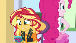 Size: 1920x1080 | Tagged: safe, artist:rarityvrymercollectiveoriginals, edit, edited screencap, screencap, pinkie pie, sunset shimmer, human, dashing through the mall, equestria girls, equestria girls specials, g4, my little pony equestria girls: better together, my little pony equestria girls: holidays unwrapped, book, chair, geode of empathy, geode of sugar bombs, magical geodes