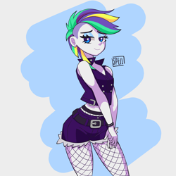 Size: 3000x3000 | Tagged: safe, artist:spellart, rarity, human, equestria girls, g4, alternate hairstyle, bare shoulders, belt, bracelet, clothes, female, fishnet stockings, high res, jeans, jewelry, lidded eyes, pants, punk, raripunk, short jeans, sleeveless, smiling, solo