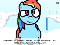 Size: 1321x979 | Tagged: safe, artist:pokehidden, edit, editor:imaflashdemon, rainbow dash, pegasus, pony, banned from equestria daily, g4, cloud, cross-popping veins, dialogue, female, frown, game, mare, on a cloud, rainbow, rainbow dash is not amused, sky, standing on a cloud, text, unamused