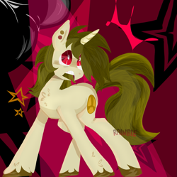 Size: 1217x1213 | Tagged: safe, artist:4agonism, oc, oc only, oc:glitter glue, pony, unicorn, :o, abstract background, bags under eyes, chest fluff, detailed background, ear piercing, earring, female, horn, jewelry, lineless, mare, multicolored hair, open mouth, piercing, radiation symbol, shiny hooves, shocked, shocked expression, solo, unicorn oc, unshorn fetlocks, watermark