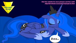 Size: 1920x1080 | Tagged: safe, artist:imaflashdemon, princess luna, alicorn, pony, g4, arrow, clothes, crown, dialogue, eyes closed, female, horn, jewelry, lying down, mare, moon, onomatopoeia, prone, regalia, shoes, sleeping, sound effects, speech bubble, text, wings, zzz