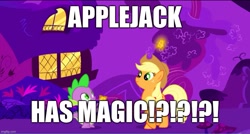 Size: 931x499 | Tagged: safe, edit, edited screencap, screencap, applejack, spike, dragon, earth pony, pony, g4, the ticket master, caption, duo, earth pony magic, female, image macro, impact font, levitation, magic, male, meme, op is a slowpoke, slowpoke, telekinesis, text, ticket, watermark