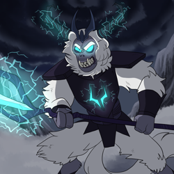 Size: 3000x3000 | Tagged: safe, artist:gingygin, storm king, yeti, g4, angry, antagonist, armor, claws, cloud, crown, fangs, glowing, glowing eyes, gritted teeth, high res, horns, jewelry, lightning, magic, male, regalia, solo, staff, staff of sacanas, teeth