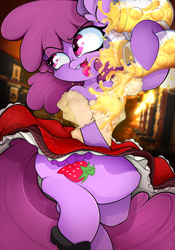 Size: 3456x4950 | Tagged: safe, artist:ahekao, berry punch, berryshine, earth pony, semi-anthro, g4, absurd resolution, alcohol, arm hooves, barmaid, beer, clothes, commission, drunk, female, go home you're drunk, mug, solo, tongue out