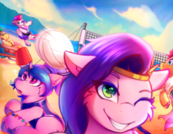 Size: 3221x2510 | Tagged: safe, artist:legionsunite, hitch trailblazer, izzy moonbow, pipp petals, sunny starscout, zipp storm, earth pony, pegasus, pony, unicorn, g5, beach, bucket, clothes, high res, mane five (g5), mountain, one-piece swimsuit, sandcastle, selfie, shorts, sports, swimsuit, this will not end well, volleyball, volleyball net