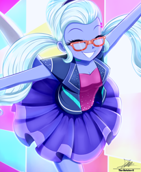 Size: 1784x2163 | Tagged: safe, artist:the-butch-x, part of a set, sugarcoat, human, dance magic, equestria girls, g4, spoiler:eqg specials, breasts, busty sugarcoat, cleavage, clothes, cute, dance magic outfit, dress, eyes closed, female, glasses, grin, happy, skirt, smiling, solo, sugarcute