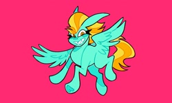 Size: 2477x1487 | Tagged: safe, artist:lockandkeyhyena, lightning dust, pegasus, pony, g4, flying, grin, looking at you, needs more saturation, pink background, sharp teeth, simple background, smiling, solo, spread wings, teeth, two toned mane, underhoof, wings