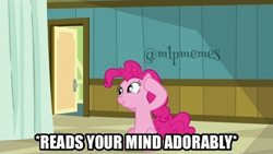 Size: 640x360 | Tagged: safe, edit, edited screencap, screencap, pinkie pie, earth pony, pony, g4, read it and weep, artifact, belly, caption, female, image macro, impact font, meme, mind reading, smiling, solo, text, watermark