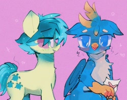 Size: 1380x1089 | Tagged: safe, artist:bug-roux, gallus, sandbar, earth pony, griffon, pony, g4, chest fluff, duo, duo male, eye clipping through hair, gay, letter, love letter, male, pink background, pink eyes, ship:gallbar, shipping, simple background, stallion, two toned mane