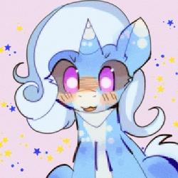 Size: 965x965 | Tagged: safe, artist:bug-roux, trixie, pony, unicorn, g4, blushing, cute, diatrixes, dots, eye clipping through hair, eyebrows, female, horn, looking at you, mare, pink background, purple eyes, simple background, sitting, smiling, smiling at you, solo, stars