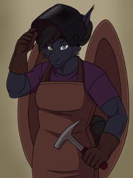 Size: 1000x1338 | Tagged: safe, artist:fluffball, oc, oc:dusky rose, bat pony, anthro, apron, bat pony oc, bust, clothes, female, geology, hammer, heterochromia, looking at you, portrait, welding mask, wing sleeves, wings
