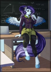 Size: 764x1080 | Tagged: safe, artist:sevk, artist:shundis, oc, oc only, pegasus, anthro, unguligrade anthro, chalkboard, classroom, clothes, commission, cute, digital art, female, hoodie, pants, solo, ych result