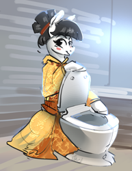 Size: 2535x3284 | Tagged: safe, artist:alumx, oc, oc only, oc:tsu nami, toilet pony, but why, eyebrows, female, high res, looking at you, mare, pun, smiling, smiling at you, solo, toilet