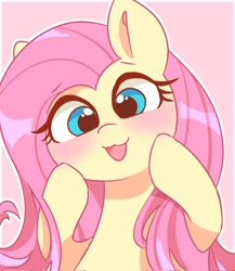 Size: 1777x2048 | Tagged: safe, artist:leo19969525, fluttershy, pony, g4, :3, blue eyes, blushing, cute, female, hair, looking at you, mare, open mouth, pink background, pink hair, shyabetes, simple background, smiling, smiling at you, solo