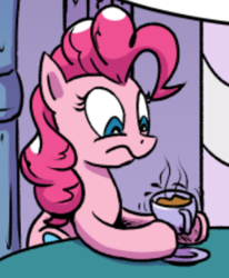 Size: 283x343 | Tagged: safe, artist:pony-berserker edits, edit, idw, pinkie pie, earth pony, pony, g4, carousel boutique, coffee, cropped, cup, female, holding, looking down, mare, plate