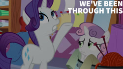 Size: 1280x720 | Tagged: safe, edit, edited screencap, editor:quoterific, screencap, rarity, sweetie belle, pony, unicorn, g4, marks for effort, season 8, carousel boutique, duo, female, filly, foal, mare, text