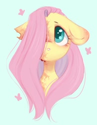 Size: 837x1073 | Tagged: safe, artist:melodylibris, fluttershy, pegasus, pony, g4, :o, blood, blue background, colored pupils, female, floppy ears, hair over one eye, hanako ikezawa, katawa shoujo, looking up, mare, open mouth, simple background, solo, torn ear