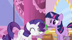 Size: 640x360 | Tagged: safe, screencap, rarity, spike, twilight sparkle, dragon, pony, unicorn, g4, green isn't your color, season 1, ^^, animated, carousel boutique, cute, eyes closed, female, gif, gifs.com, jumping, male, mare, open mouth, open smile, raribetes, smiling, trio, unicorn twilight