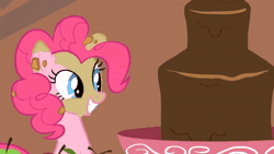 Size: 520x293 | Tagged: safe, screencap, pinkie pie, earth pony, pony, a bird in the hoof, g4, season 1, ^^, animated, chocolate, cute, diapinkes, eating, eyes closed, female, food, gif, grin, mare, open mouth, open smile, smiling, solo, sugarcube corner