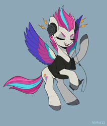 Size: 1700x2000 | Tagged: safe, artist:asimos, zipp storm, pegasus, pony, g5, cellphone, clothes, eyes closed, female, flying, gray background, headphones, mare, open mouth, phone, raised hoof, shirt, simple background, solo, spread wings, t-shirt, wings