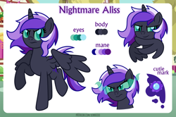 Size: 1100x732 | Tagged: safe, artist:jennieoo, oc, oc:nightmare aliss, alicorn, pony, angry, possessed, reference, reference sheet, show accurate, simple background, solo, story, story included, vector