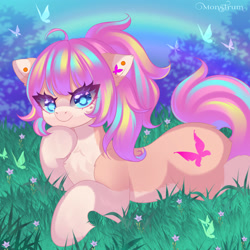 Size: 3000x3000 | Tagged: safe, artist:monstrum, oc, oc only, oc:bijou butterfly, butterfly, earth pony, pony, big eyes, cute, ear piercing, earring, earth pony oc, eye clipping through hair, female, flower, grass, high res, jewelry, looking at you, lying down, mare, ocbetes, piercing, prone, rainbow, signature, smiling, smiling at you, solo