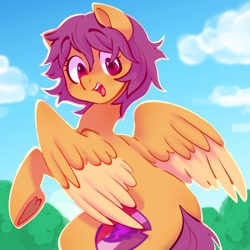 Size: 2000x2000 | Tagged: safe, artist:boorakun, scootaloo, pegasus, pony, g4, alternate hairstyle, cloud, colored wings, colored wingtips, cute, cutealoo, eyebrows, eyebrows visible through hair, female, frog (hoof), high res, looking at you, looking back, looking back at you, mare, older, older scootaloo, open mouth, open smile, outline, partially open wings, rearing, short hair, short mane, sky, smiling, smiling at you, solo, the cmc's cutie marks, underhoof, wings