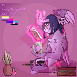 Size: 1500x1500 | Tagged: safe, artist:gothalite, twilight sparkle, alicorn, pony, g4, bisexual pride flag, book, curved horn, female, glasses, glowing, glowing horn, horn, magic, mare, multiple wings, pride, pride flag, redesign, smiling, solo, telekinesis, twilight sparkle (alicorn), wing ears, wings