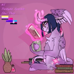 Size: 1500x1500 | Tagged: safe, alternate version, artist:gothalite, twilight sparkle, alicorn, pony, g4, bisexual pride flag, book, curved horn, ear piercing, earring, eyeshadow, female, folded wings, glasses, glowing, glowing horn, horn, jewelry, magic, magic aura, makeup, mare, mug, multiple wings, nonbinary pride flag, partially open wings, piercing, polyamorous pride flag, potion, potted plant, pride, pride flag, pronouns, redesign, sitting, smiling, solo, telekinesis, twilight sparkle (alicorn), wing ears, wings