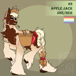 Size: 1500x1500 | Tagged: safe, alternate version, artist:gothalite, applejack, earth pony, pony, g4, abstract background, braid, braided tail, chest fluff, female, hat, hoof fluff, mare, pride flag, raised hoof, redesign, saddle basket, smiling, solo, straw in mouth, tail
