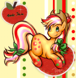 Size: 651x669 | Tagged: safe, artist:xxitachiuchihaloverxx, applejack, g4, complex background, female, hat, looking away, lying down, mare, rainbow power, ribbon, solo, text